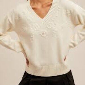 Hem & Thread Crush Pearl Embellished Floral Motif Sweater Size Large